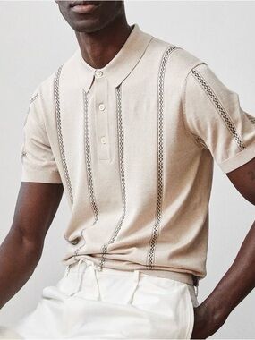 TODD SNYDER DECO STRIPE SHORT-SLEEVE SWEATER POLO IN DESERT BEIGE XL
